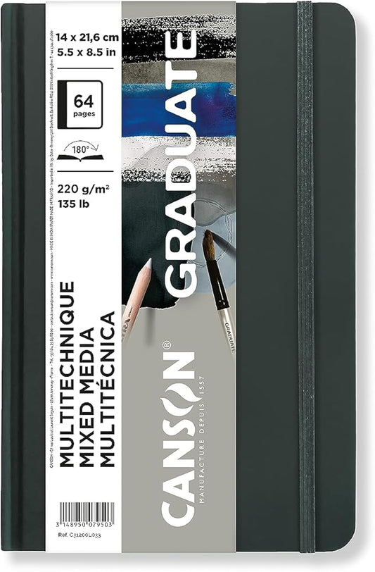 Canson Graduate Toned Grey Mixed Media Paper, Hard Cover Art Journal, 5.5x8.5 inches, 32 Sheets — Artist Paper for Collage, Watercolor, Ink, Pencil, Marker