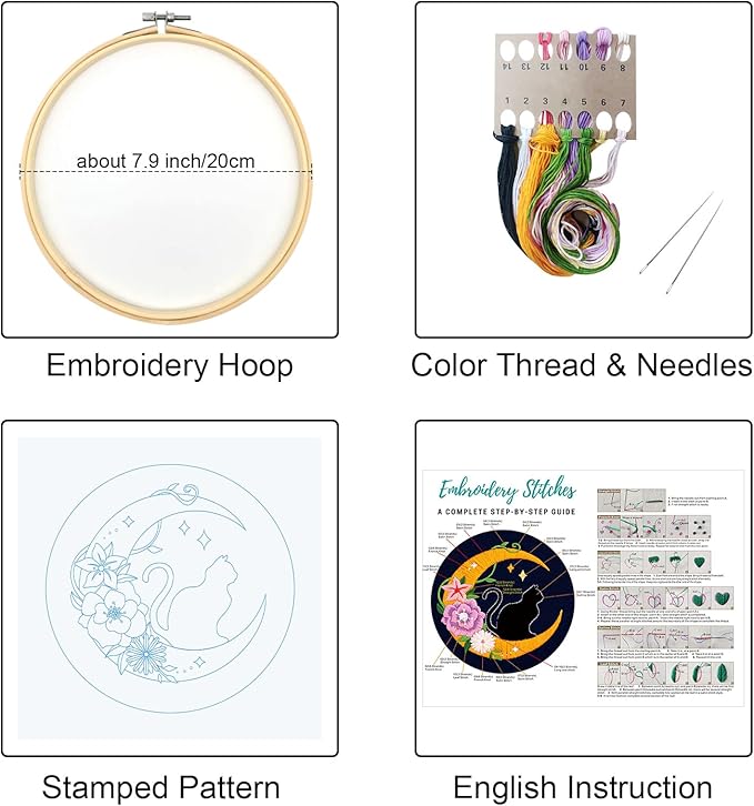 Louise Maelys Cat Moon Embroidery Kits for Beginners with Floral Pattern,Adults Starter Cross Stitch Kit DIY Needlepoint