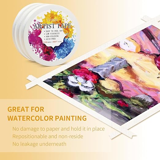 Low Tack White Artist Tape for Watercolor Paper Drafting Art Masking Tape Acid Free Painter Watercolor Tape for Painting Canvas Framing, 0.5 inch Wide 495FT Long Total
