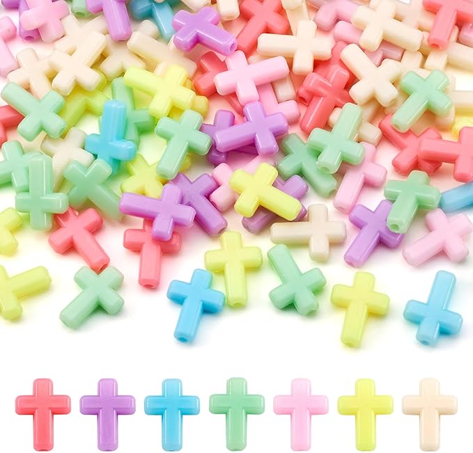FASHEWELRY 100Pcs Candy Color Acrylic Crosses Spacer Mixed Color Crucifix Loose Cute Beads Bulk for Bracelet Necklace Jewelry Making