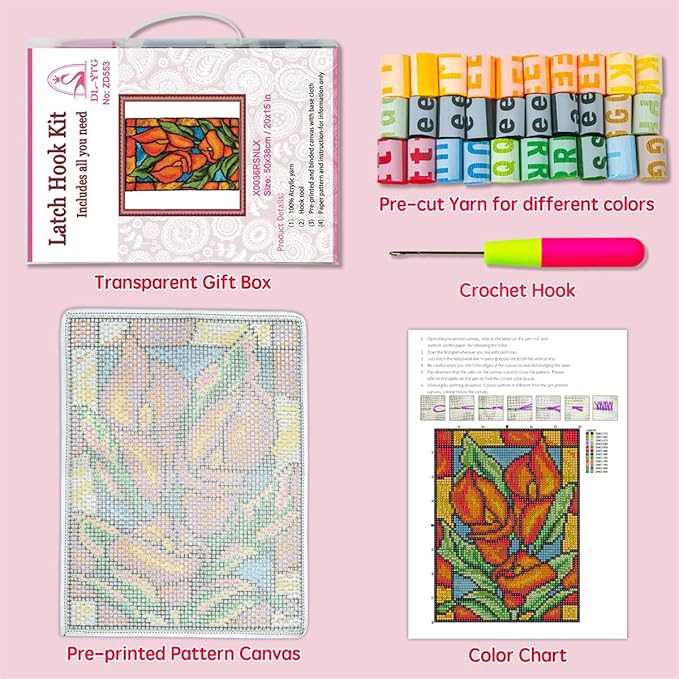 DL-YTG Latch Hook Kits Rug Orange Flowers Crochet Yarn Cushion Colour Pre-Printed Canvas Cover Rug Needlework DIY Hook and Latch Kit Home Decoration 52x38cm/20 X15 inch