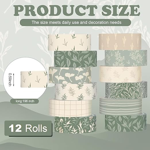 12 Rolls Watercolor Floral Washi Tape Set 15 mm Vintage Flower Decorative Masking Tape for Spring Arts DIY Craft Scrapbook Journal Supplies Gift Wrapping(Sage Green,Leaves)