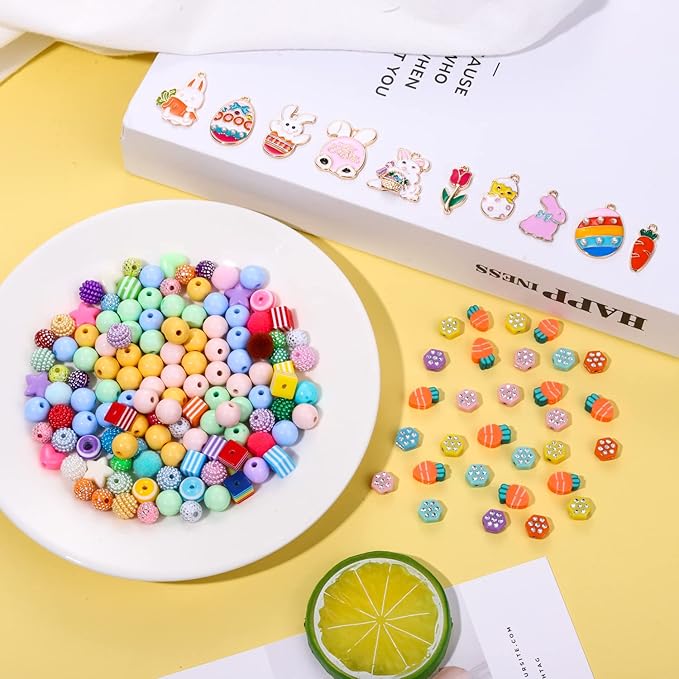 CEALXHENY 1250PCS Easter Beads Colorful Polymer Clay Beads for Jewelry Making, Crystal Acrylic Bead Enamel Easter Bunny Egg Charms for Bracelet Necklace Making DIY Crafts (1250PCS Easter Beads)
