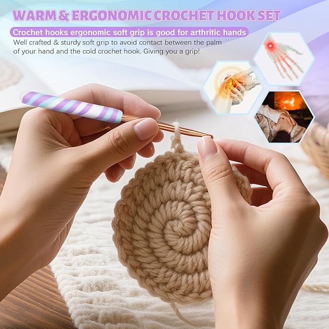 Coopay Warm Crochet Hooks Comfort Grip, Short Purple Ripple Art Handle for Beginners, Longer Aluminum Shaft Crochet Hook Set 2.0mm-6.0mm(B-J), Smooth Needles Set for Crocheting