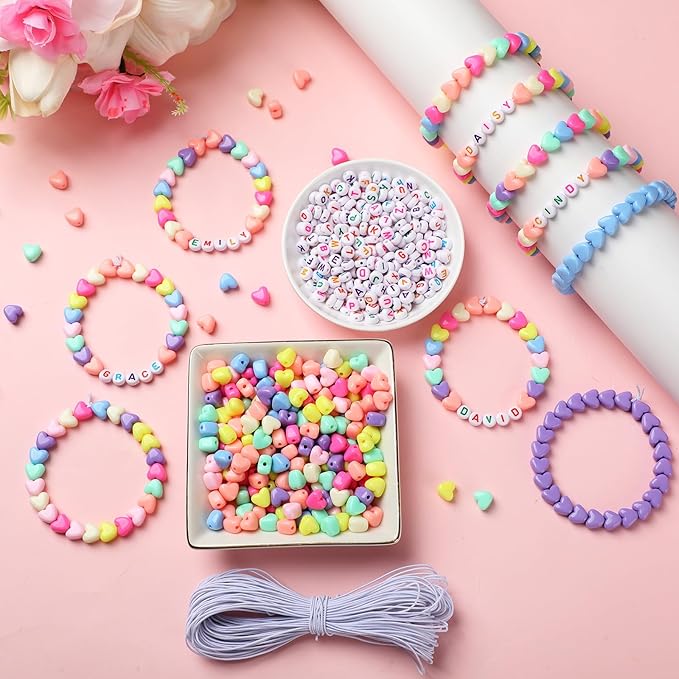 Highergo 1200 Pcs Mother's Day Bracelets for Women Heart Pastel Bead Bracelet Set DIY Craft Kit Love Heart Stretch Mother's Day Jewelry Accessories Outfits Festive Party Gifts Favors