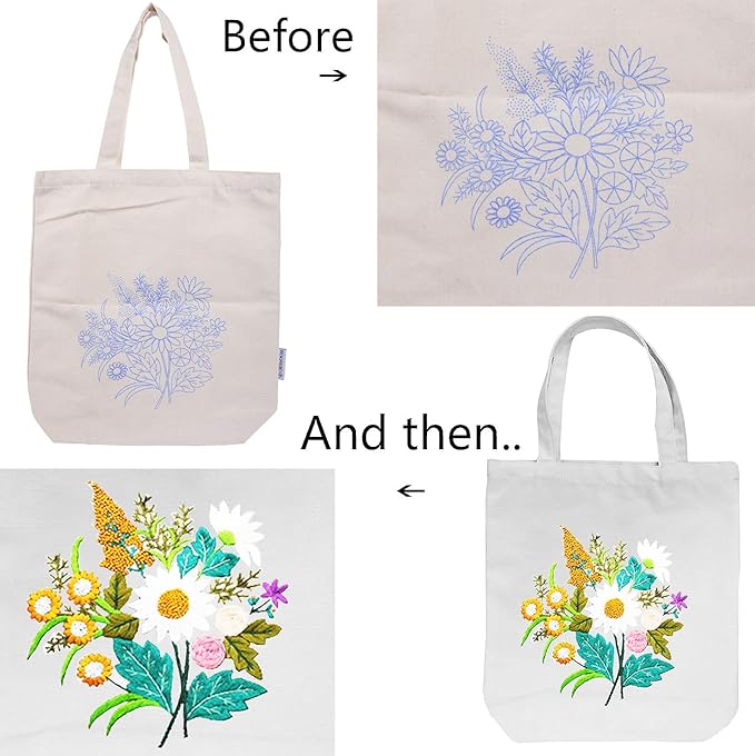 CREAWONDER Canvas Tote Bag Embroidery Kit with Pattern for Beginners, Arts and DIY Embroidery Crafts Kits for Adults, Include Instructions, Thimble, Embroidery Hoops, Color Threads and Tool