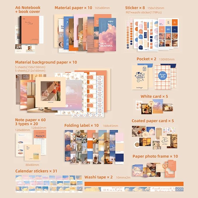 emmoolife 348 Pcs Scrapbooking Supplies Kit, Vintage Aesthetic Scrapbook Kit for Bullet Junk Journal, Stationery, A6 Grid Notebook, DIY Journaling Supplies, Birthday Craft Gift for Teen Girl Women