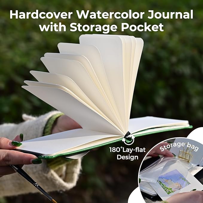 Funto Watercolor Journal, 3.5x5.5, 2 Pack, 24 Sheets Each, Christmas Green Cloth Cover, 110lb/230gsm, Suitable for Techniques and Mixed Media