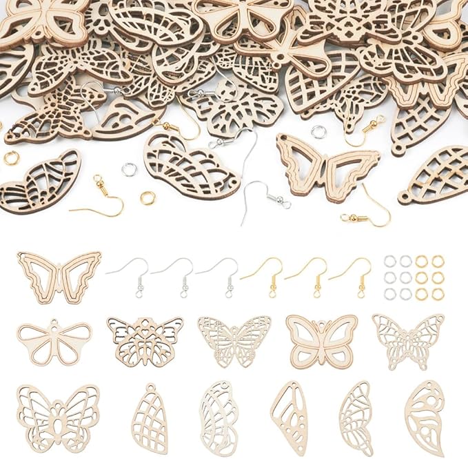 48pcs Wood Butterfly Charms Unfinished Natural Wood Filigree Wing Pendants & 50pcs Earring Hooks & 50pcs Jump Rings for Boho Earring DIY Jewelry Making
