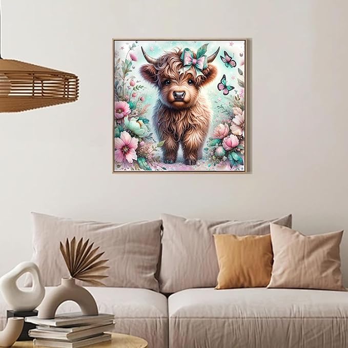 Camocin Diamond Art Kits for Adults Highland Cow, 5D Highland Cow Diamond Painting Kits for Adults Beginners, DIY Flowers Full Round Dots Drill Gem Art Kit for Gift Home Wall Decor 14 x 14 Inch