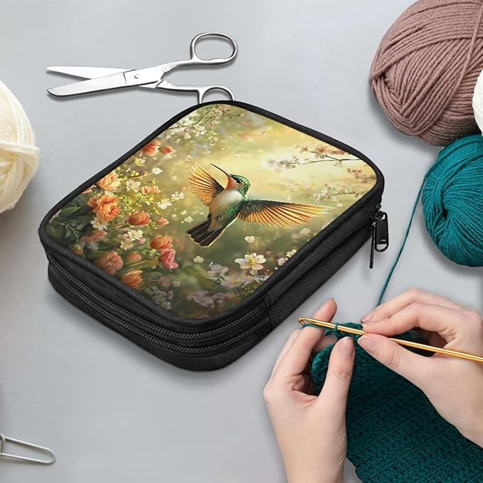 Hechitok Hummingbird Flower Crochet Hook Case, Zipper Storage Organizer Bag with Web Pockets for Crochet Needles/Knitting Accessories/Crochet Hook Kit Tools Easy to Hold