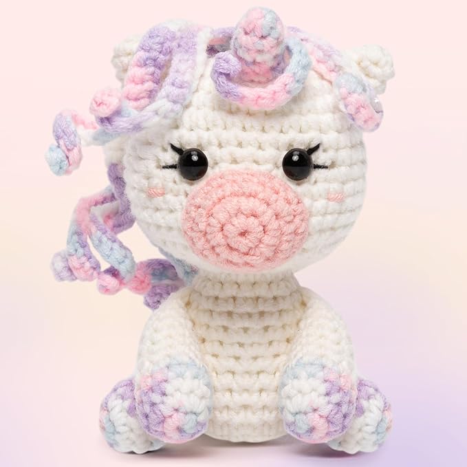 Mewaii Crochet Kit for Beginners Level 2 with 40% Extra Eco-Friendly Pre-Started Easy Yarn, Step-by-Step Video Tutorials for Adults and Kids (Pastel Unicorn)