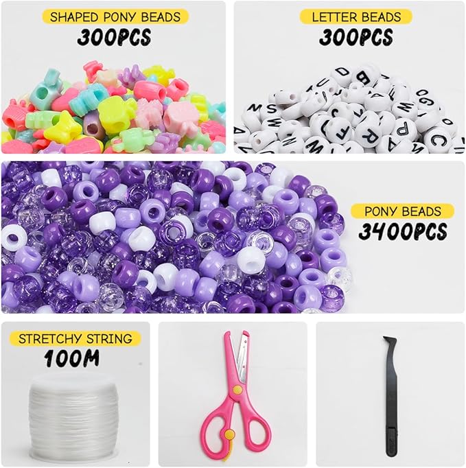 iooleem purple solid & glitter bulk pony beads - 4000pc kit for friendship bracelets & jewelry making, easy storage