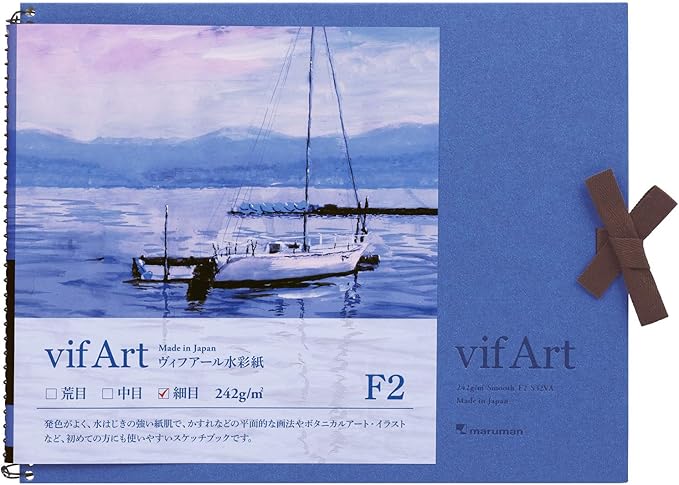 Maruman VifArt Watercolor Artbook- Premium Fine Watercolor Paper, Natural White, F2, 7.83" x 10.28", 15 Sheets/ 30 Pages, Reinforced Cover Sketchbook for Watercolor & Mixed Media, Blue