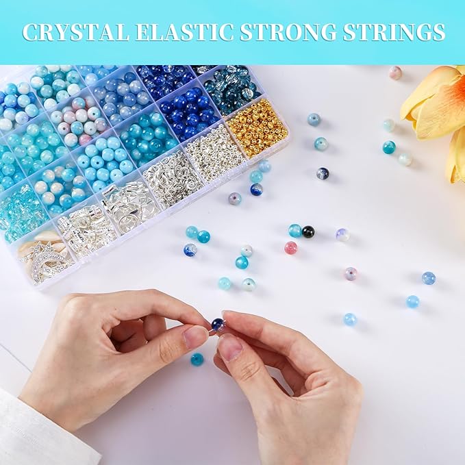 glass beads for jewelry making, 18 colors bead bracelet making kit including 2-8mm bead spacers, blue round beads for diy jewelry making supplies for adults, bracelet necklace earring making kit