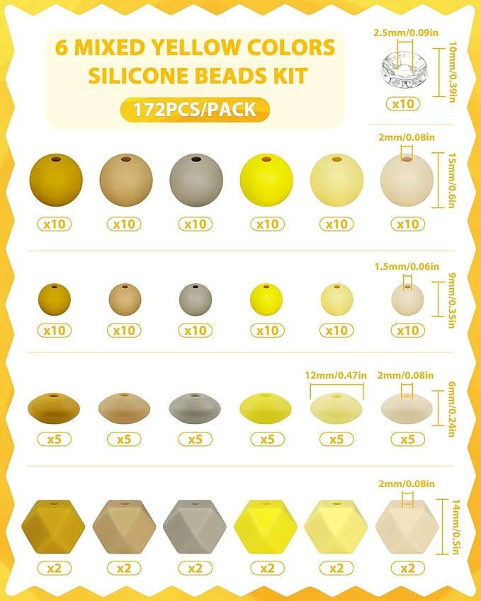 172PCS FIVEIZERO Silicone Beads for Keychain Making, 6 Mixed Colors Silicone Focal Beads Kit, 9mm & 15mm Round Lentil Hexagon & Rhinestone Spacer Bead for Jewelry Making & Bracelets (Yellow)