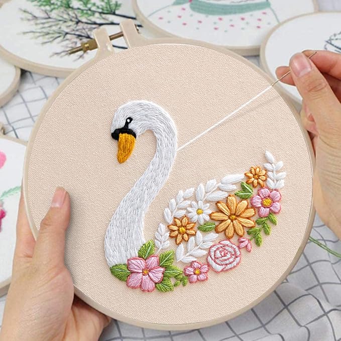 louise maelys cute animal embroidery kits for beginners,cross stitch kit for adults starters,diy needlepoint tool including swan and flower pattern,hoop,instruction and threads