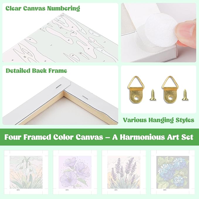 Lxmsja 4 Pack Whispers of Bloom Paint by Numbers Kit for Adults, Easy Framed Paint by Numbers for Adults Beginner, DIY Acrylic Oil Painting Craft Kits for Home Wall Decor 8x8 inch