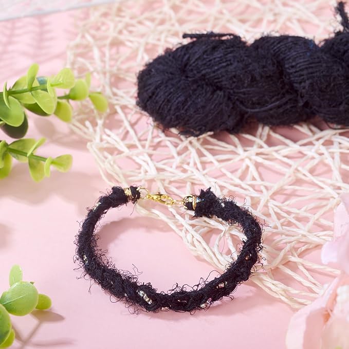 65.62 Yards Sari Silk Ribbon Yarn, Black Sari Ribbon Yarn Tassels Skeins Vintage Fabrics Crafts for Knitting Crocheting Macrame Tassels Scrapbook Craft Project Decor
