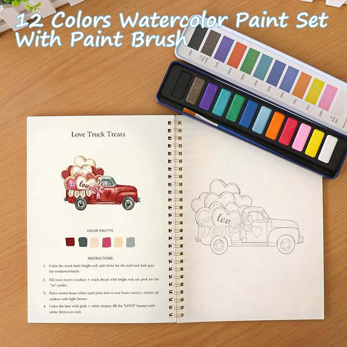 Watercolor Workbook, Water Coloring Book, 12 Different Patterns of Original DIY Designs, 12 Colors Watercolor Paint Set with Palette and Brush, Beginner-Friendly Watercolor Workbooks（Valentine's Day）