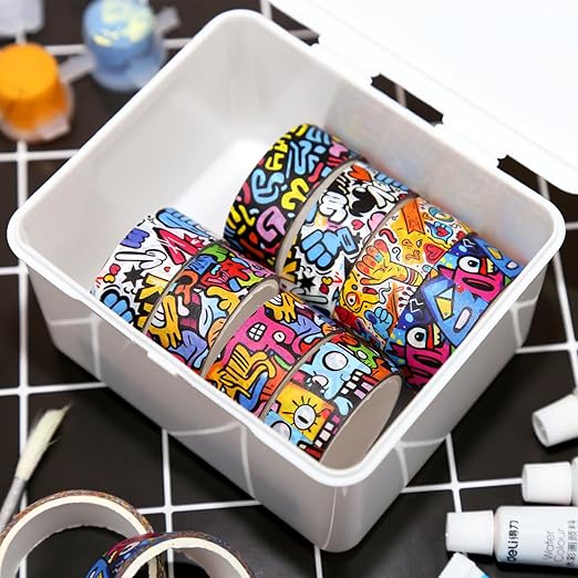 12 Rolls Washi Tape Set,6 Design Colorful Graffiti Decorative Tape Street Art Doodle Masking Tape for Journaling Supplies, Junk Journal, Scrapbooking, DIY Arts & Crafts, Planner, Gift Wrapping