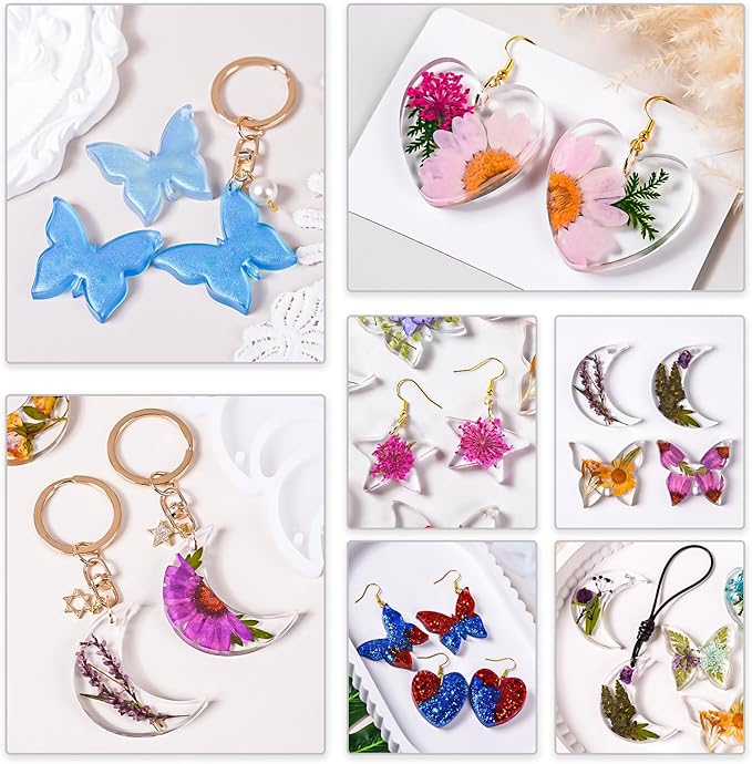 Resin Jewelry Molds, 4pcs Resin Earring Molds with Holes Keychain Making Kit, Butterfly Star Moon Heart Silicone Mold for UV Epoxy Crafts DIY Earrings, Necklace, Pendants, Keychains