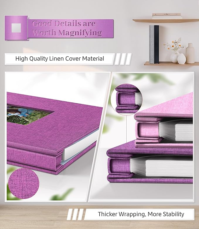 Photo Album Self Adhesive Scrapbook Album for 3x5 4x6 5x7 8x10 Pictures,40 Pages Linen Cover with Display Window DIY Photo Book,Ideal Gifts for Family Travel Wedding Baby