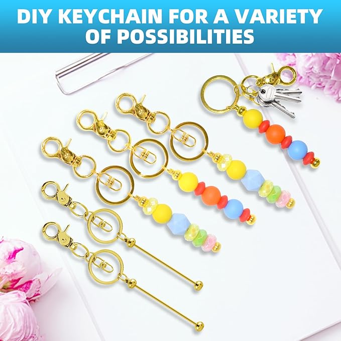 100 Pcs Beadable Keychains Bulk Kit – DIY Keychain Making Supplies with Metal Blanks for Crafts, Jewelry, Charms, Custom Projects – Blank Chain Bars for Beaded Keychain Design (Golden)