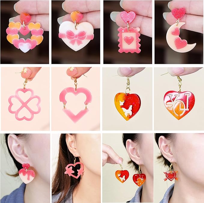 4 Pack Heart Resin Earring Molds Love Heart Flower Shape Earring Silicone Molds for Mother's Day Epoxy Casting UV Resin Molds with 200 Earring Hook kit for DIY Crafts Jewelry Making Keychains Pendant