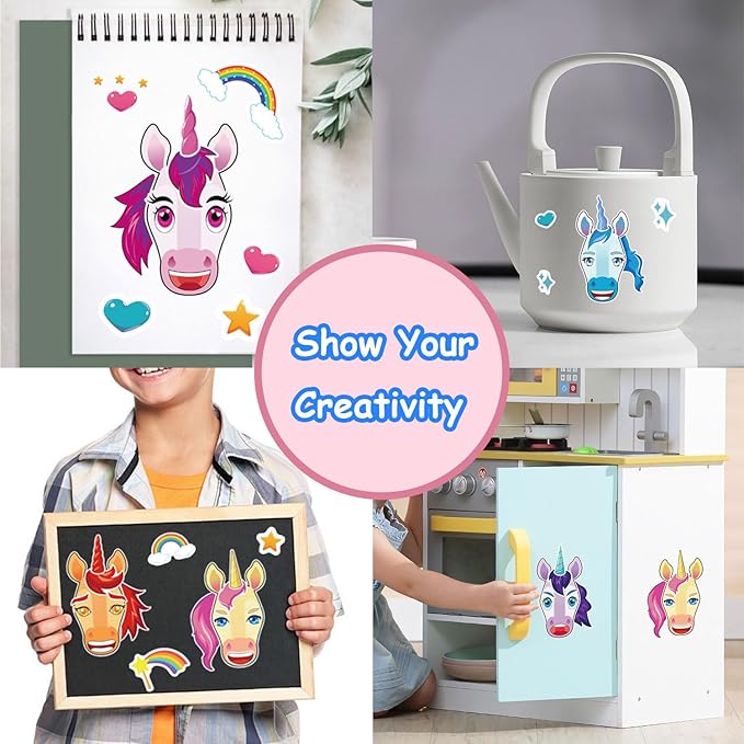 aowplc 42 sheets unicorn make‑a‑face stickers, fantasy party favors, crafts & activities, birthday supplies for kids & girls