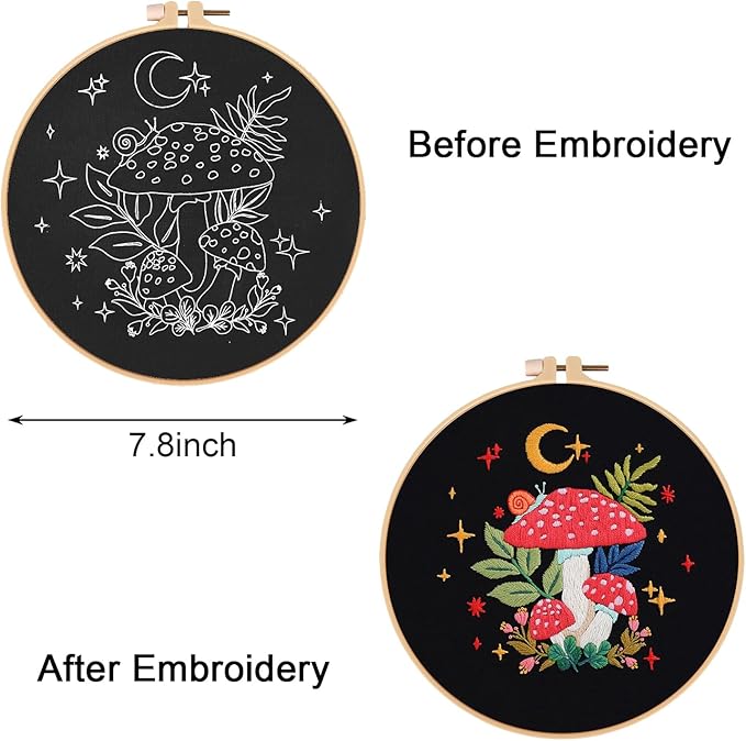 Nuberlic Mushroom Embroidery Kits for Beginner Adults Cross Stitch Kit with Stamped Pattern Include Cloth Hoops Threads Needles