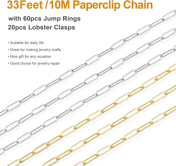 Kyutong 2 Rolls Paperclip Chain for Jewelry Making 32.8 Feet Jewelry Chain Links Silver and Gold Chains Bulk with Lobster Clasps and Jump Rings for DIY Craft Finding Jewelry Making Supplies