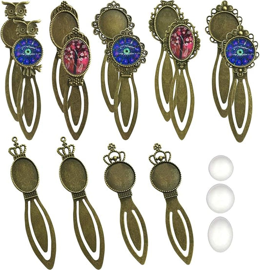 Allazone 14 PCS 7 Styles Antique Bronze Bookmark Pendant Tray Kit with 14 PCS Glass Dome Tiles Clear Cameo for Bookmark DIY Making, Reading Lovers, Necklace