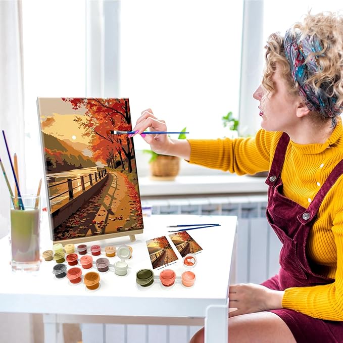 JOOZ Paint by Numbers Kit for Adults with Frame Fall Landscape Paint by Number with Easel Autumn Tree Adult Paint by Number Kits Framed Canvas Sunset Oil Painting Kits for Home Wall Decor 8x12 Inch
