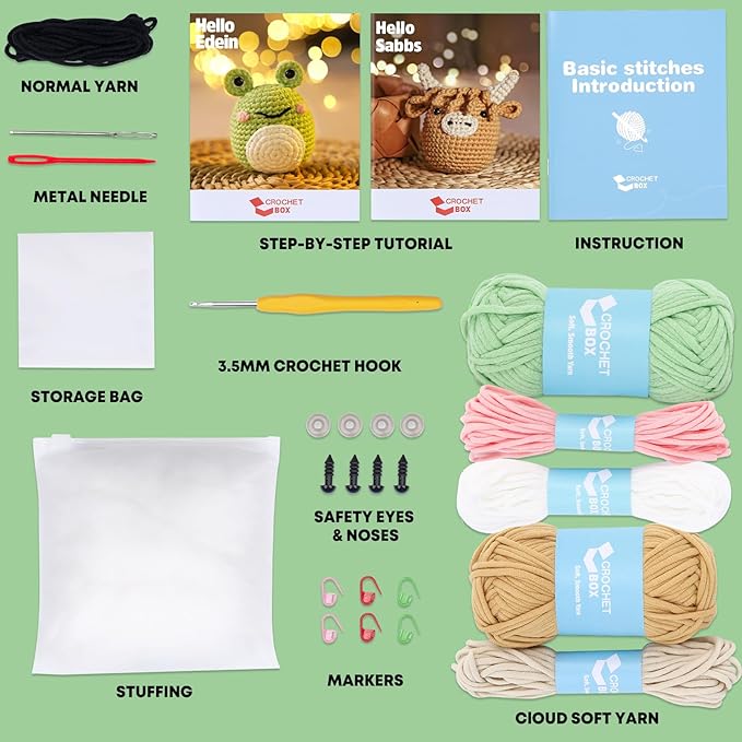 CrochetBox Crochet Kit for Beginner, Highland Cow and Frog Learn How to Crochet Stuffed Animals Gift for Adults and Teen(), Knitting Set with Yarn Hook Stitch-by-Stitch Video Tutorial