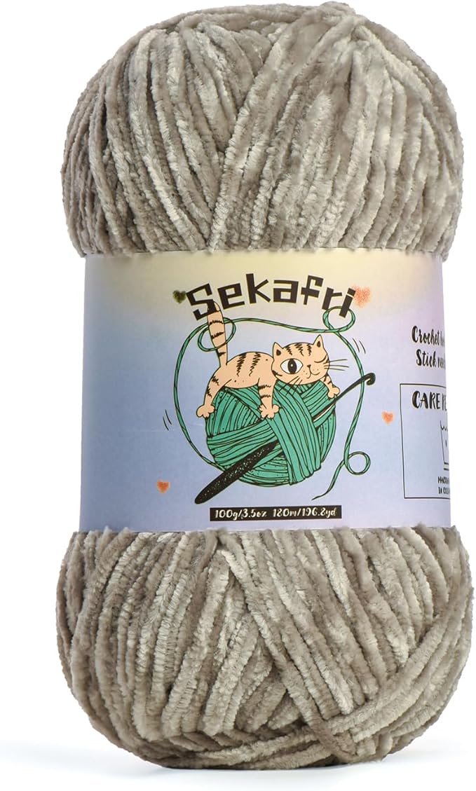 Fuzzy Chenille Yarn for Crocheting, Fluffy Amigurumi Crochet Yarn for DIY Craft/Hat/Shoes, (100 g/197 yds) Soft Velvet Baby Blanket Yarns（Silver Gray）