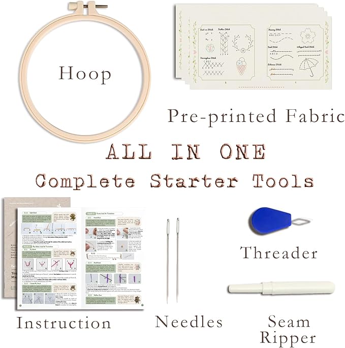 TenDawn Basic Embroidery Starter Kit – 12 Essential Stitches, Fabric Practice Book for Beginners, Easy Entry Sewing Set