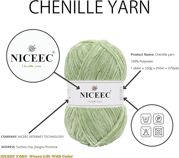 NICEEC 2 Skeins Soft Chenille Yarn Blanket Yarn for Knitting Fancy Yarn for Crochet Weaving DIY Craft Total Length 2×255m (2×279yds, 2×150g)_Mint Green