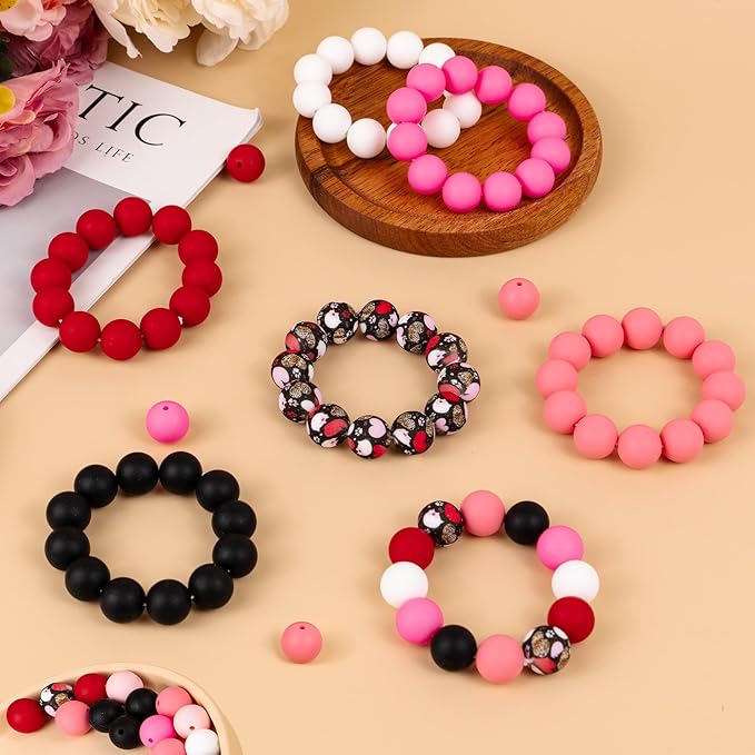 120 Pcs Silicone Beads for Keychain Making 15mm Bracelets Red Black White Mixed 6 Colors Silicone Round Beads Bulk for Crafts Beadable Pens