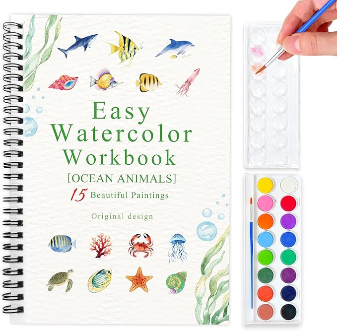 SLWBZ Watercolor Workbook Ocean Animals, 15 Different Patterns of Original DIY Designs, 16 Color Watercolor Paint Plates with Palette and Brush, Beginner-Friendly Watercolor Workbooks, Ocean Animals
