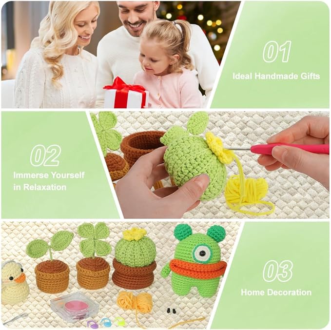 Autglint Potted Plant Crochet Kit for Beginners, Learn to Crochet Starter Kit with Pre-Started Yarn & Easy-to-Follow Video Tutorials, DIY Amigurumi Animal Kit for Adults Kids Gift