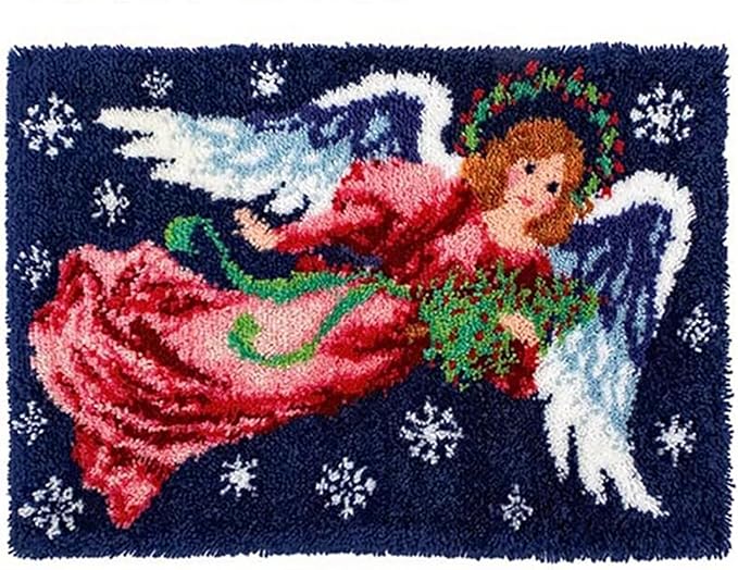 Large Latch Hook Rug Kit for Adults, DIY Crochet Yarn Rugs Tapestry Hooking Needlework Crafts Arts with Color Preprinted Pattern Embroidery for Home Decor,Angel