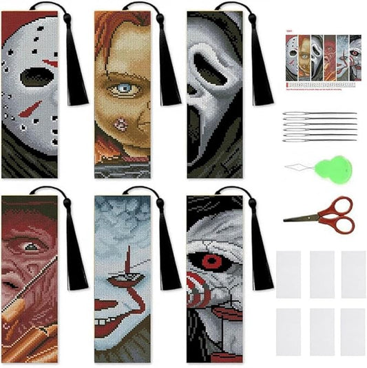 NEGEKFKX 6 Pcs Horror Cross Stitch Bookmark Kit for Adult Beginners,Halloween Cross Stitch Kits 14 CT DIY Cross Stitch Kits Adult Stamped Bookmark Embroidery Bookmarks Kit