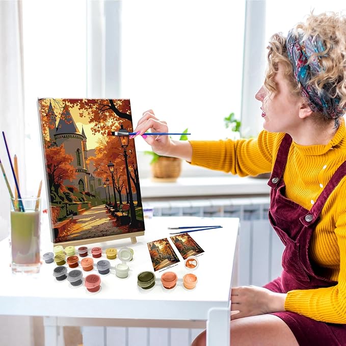 JOOZ Paint by Numbers Kit for Adults with Frame Autumn Landscape Paint by Number with Easel Castle Adult Paint by Number Kits Framed Canvas Fall Leaves Oil Painting Kits for Home Wall Decor 8x12 Inch