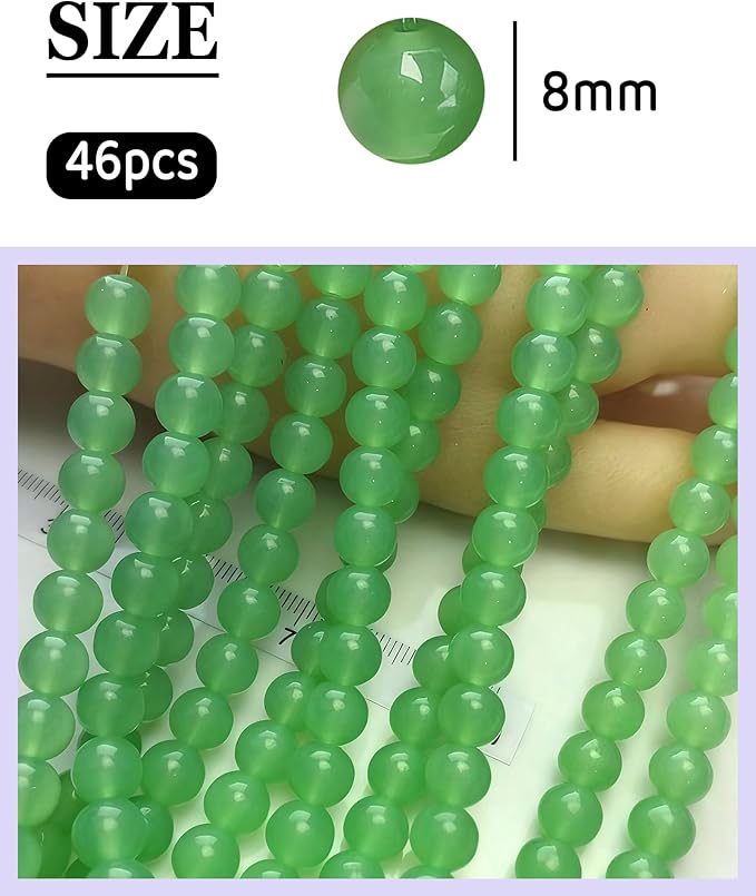 8mm Glass Beads 46PCS Glass Beads for Jewelry Making Charm Round Loose Bead for Bracelet Making Kit (Green Jade Glass)