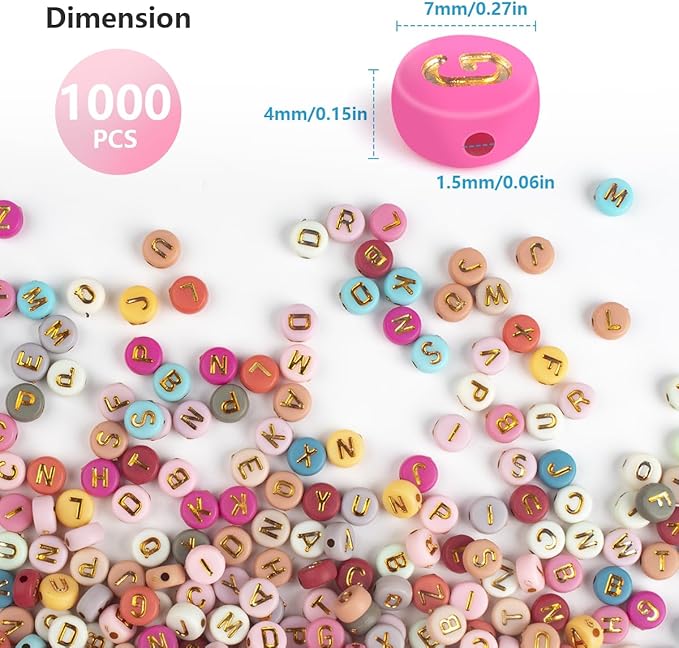 sutoug 1000pcs colourful letter beads for threading, 4 x 7 mm acrylic round beads for jewellery diy making crafts bracelets necklaces ornaments-gold
