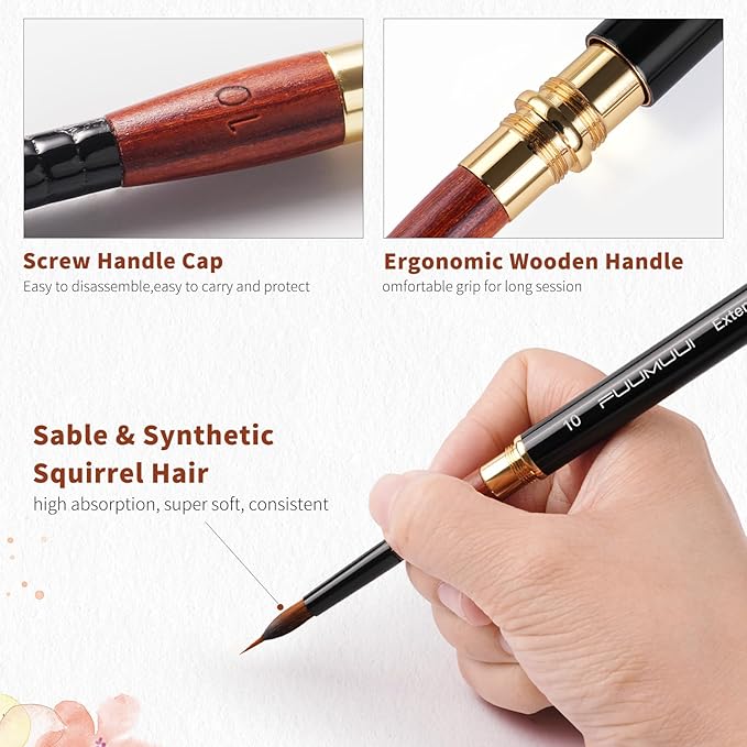 3pcs Dual-Tip Travel Watercolor Brushes - 6 Tip Styles, Fuumuui Sable Synthetic Squirrel Hair Travel Brushes Set with Leather Pouch Perfect for Watercolor Gouache Ink Painting