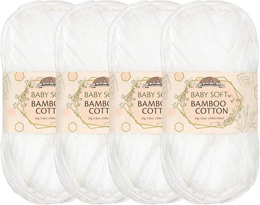 JubileeYarn Baby Soft Bamboo Cotton Yarn - 50g/Skein - Cotton White - 4 Skeins
