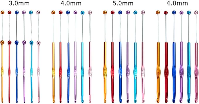 24 Pack DIY Beadable Crochet Hooks Knitting Needles Set Aluminum Handle for Focal Beads Colors (Blue Purple Red Orange Pink Light Blue, 3mm-6 mm)
