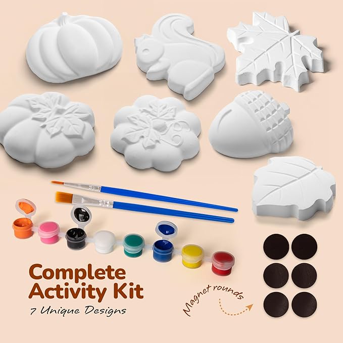 ArtCreativity Thanksgiving Ceramic Painting Craft - 7 Pack - Kids Fall Crafts Includes 7 Ceramic Figures, 8 Paint Set, 2 Brushes, 7 Adhesive Magnet - DIY Thanksgiving Paint Activity for Toddlers 3-8